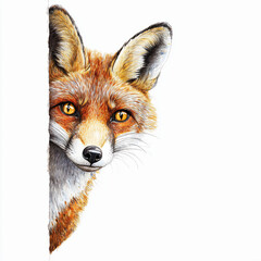 Obraz premium Whimsical funny portrait of a red fox, vulpes peeking from the corner, door or window isolated. Red fox peeking as a surprise visit 