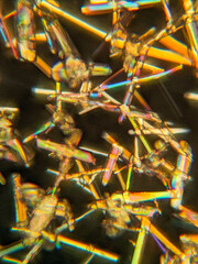 Needle-like crystals under polarized microscope showing vivid birefringence