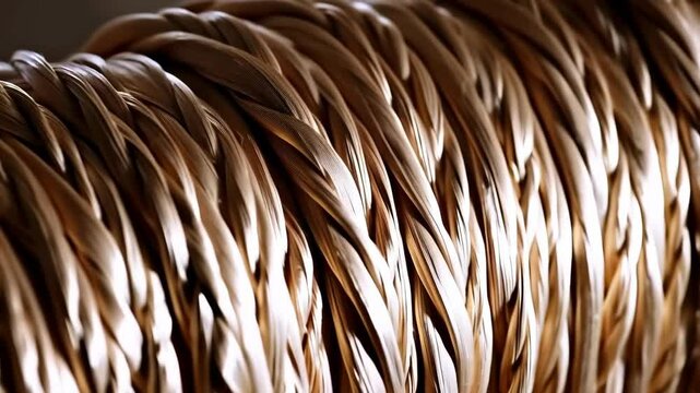 Extreme close up of coiled natural fiber rope or wicker texture, with intricate patterns and warm earthy tones showing texture, surface detail for backgrounds.