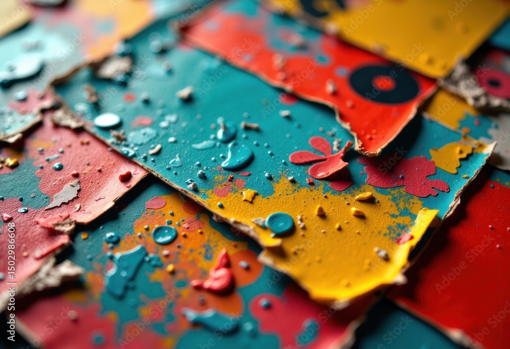 Poster colorful torn paper with paint splashes and textured details creating an abstract art background