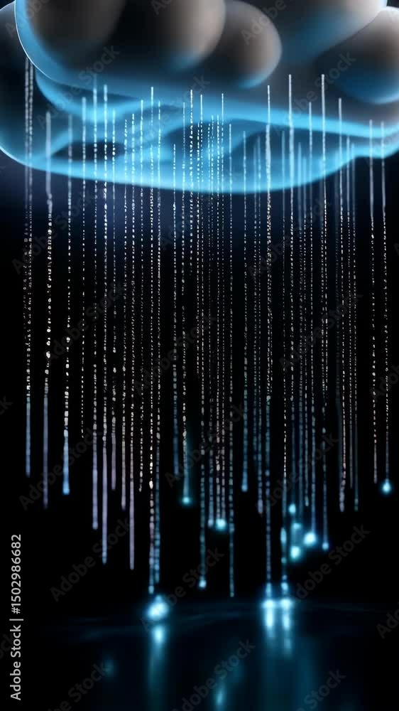 Poster cloud-shaped abstract cluster sending data streams down to a reflective surface in a dark environmen