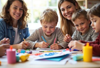 Children and young women enjoy a creative arts and crafts activity together at a table