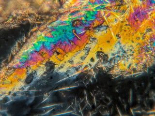 Needle-like crystals under polarized microscope showing vivid birefringence