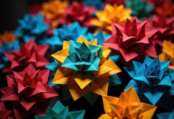 Colorful origami paper stars arranged in a vibrant, decorative display