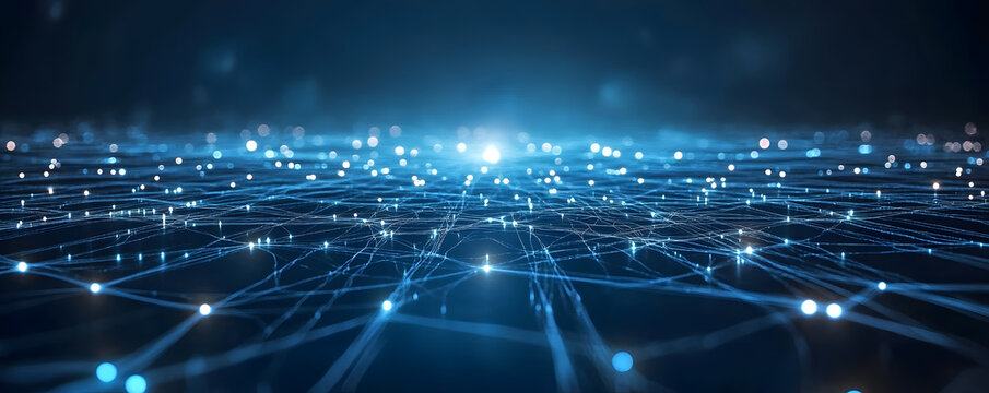 Blue technology background with network connections and digital data connection, web banner design for tech online site or social media promotion of product service on the dark blue background.