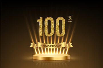 Hundredth anniversary gold award podium. 100 years celebration birthday or jubilee vector background. Luxury stage with glowing rays, glittering number 100 and ribbon with text anniversary on black.