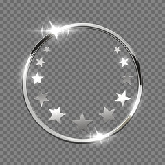 Silver circular award frame with glowing stars on black background. Shiny metallic ring symbolizing second place. Luxury badge, button, certificate, stamp. Abstract vector illustration.