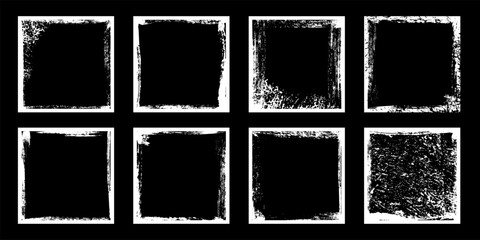 White frames with worn paper effect on black background. Textured squares with old, grunge, grainy, vintage, worn, dust effect. Simple object mockup. Realistic vector illustrations set.