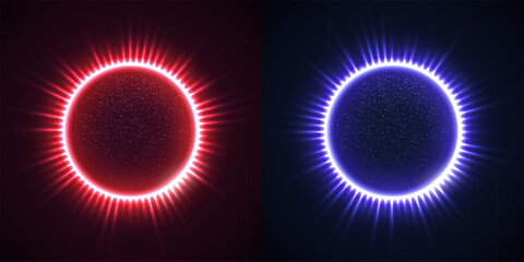 Solar eclipse with lights flares. Sun eclipse with glowing red and blue corona and radiant light flares in space. Darkened planet with bright shine. Abstract vector illustrations set.