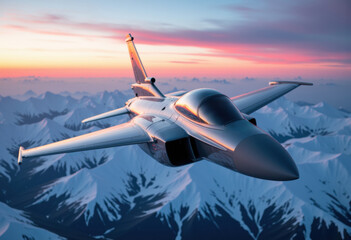Obraz premium A sleek fighter jet soaring above majestic snow-capped mountains at sunset