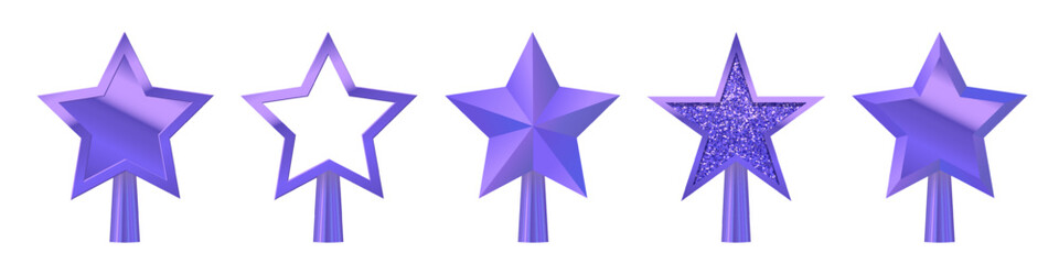 Christmas purple tree topper set vector illustration. Realistic 3D violet star decoration in deco style. Decorative traditional top of Xmas pine tree in winter season isolated on transparent.