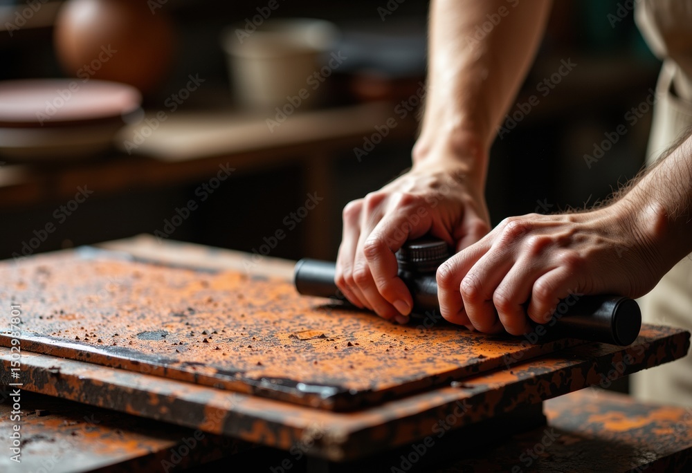 Poster hands using a rolling pin on a textured surface in a workshop setting
