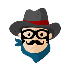 cute masked cowboy head with hat – vector illustration