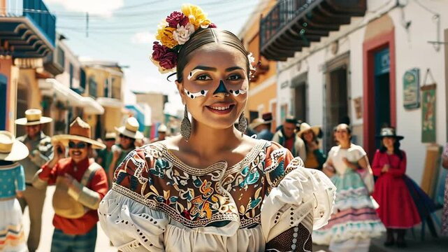 Young hispanic woman in traditional mexican dress smiling at cultural street festival with dancers and vibrant decorations. concept of cultural celebration, joyful community event, festive attire.