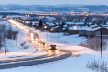 Fototapeta premium Winter evening road with cars and streetlights in urban landscape