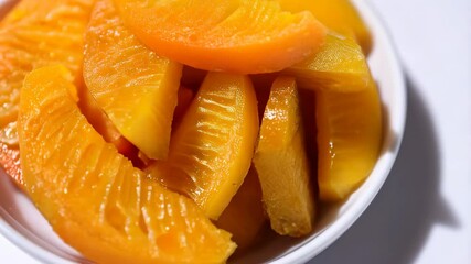 Close-up of vibrant orange sliced persimmon fruit arranged in a white bowl, showcasing its juicy texture and distinct ridges with a soft, diffused light.