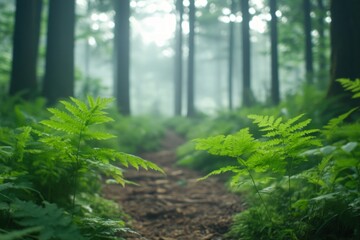 Fototapeta premium Forest trail green ferns path light and tranquility