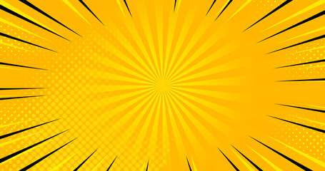 Abstract yellow orange pattern with black speed lines. Cartoon spiral. Children design style. Dynamic retro pop art texture. Moving on round. Sunny summer kid funny banner. Autumn falling background