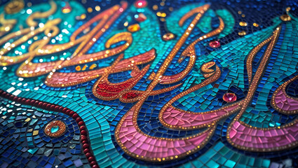 Fototapeta premium Exquisite Islamic Calligraphy Mosaic Art Vibrant Jewel Tones Detailed Design