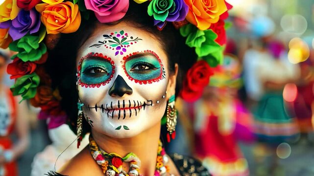 Hispanic woman with colorful floral headdress and sugar skull makeup during dia de los muertos festival celebration. concept of cultural tradition, festive atmosphere, heritage, day of the dead