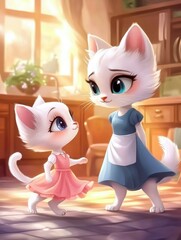 Cat Mother and Child in Sweet Home Setting Style