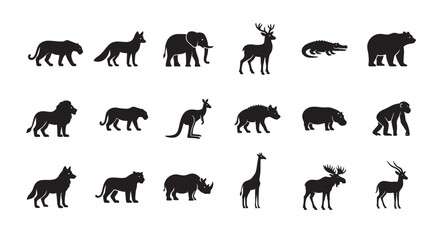 Wild animal black silhouette design bundle, set of  wildlife elephant, tiger, lion, giraffe, deer, Chimpanzee, fox creature logo icon, clip art symbol