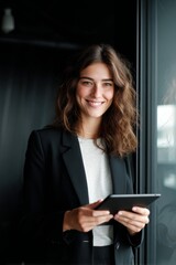 Smiling business woman in professional attire standing near an office window using a tablet, modern workspace concept with productivity in contemporary corporate environments.