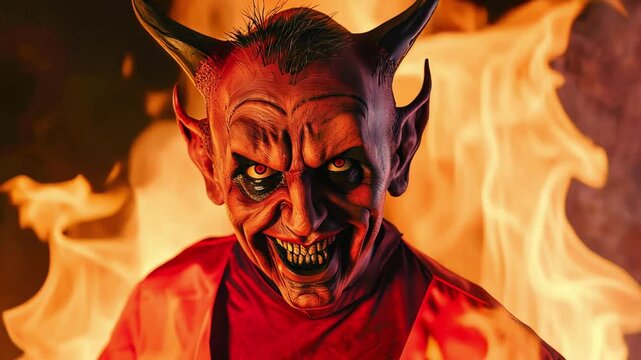 Evil demon man with red glowing eyes and sharp teeth smiling menacingly against blazing fire flames. Concept of Halloween costume, horror character, satanic creature, devil figure