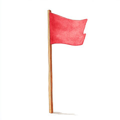 Simple Red Flag on a Tall Wooden Pole a Clear Marker or Signal Against a Plain White Background