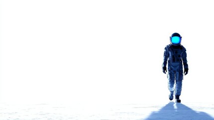 Astronaut Walking on a White Planet - A lone astronaut in a futuristic spacesuit walks across a bright white landscape. The scene is minimalist and evocative of space exploration