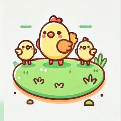 Naklejka premium A cute and minimalist illustration of a mother chicken and her chicks on a grassy patch
