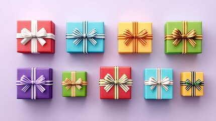 Fototapeta premium Colorful Gift Boxes Collection - Eight vibrant gift boxes with colorful ribbons, perfect for holidays or celebrations
