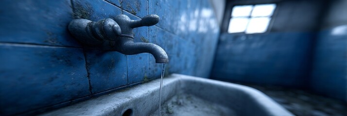 Dripping Faucet in Abandoned Building - A rusty faucet drips water into an old, dirty sink in an abandoned building with blue tiled walls