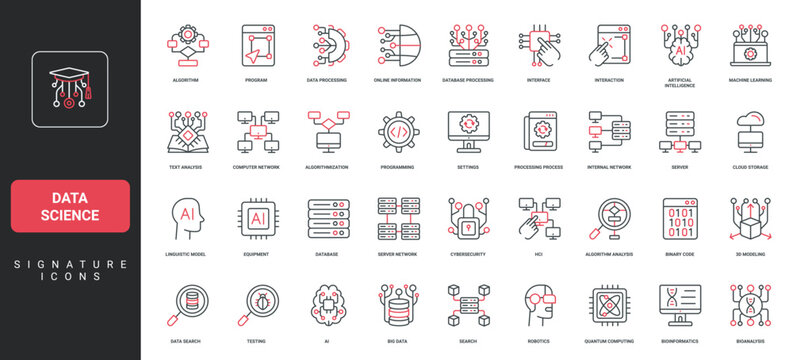 AI and data science, algorithm, program and database, cybersecurity, machine learning line icon set. Computer and server network, HCI, data processing thin black and red symbol vector illustration