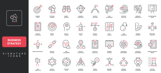 Business strategy, SWOT analysis for company optimization, action plan line icon set. Solution weakness and strength, threats and opportunity thin black and red outline symbols vector illustration