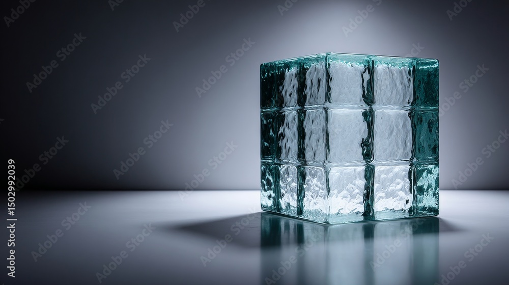 Poster glass block cube reflection - a single, translucent green glass block cube sits on a reflective surf