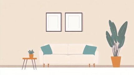Beige living room with simple furniture and plants.