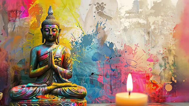 Colorful buddha statue in serene meditation amidst vibrant abstract splashes and patterns, symbolizing spirituality, inner peace, harmony, mindfulness, creative expression