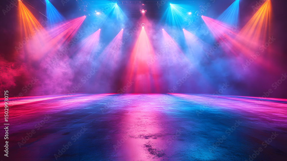 Poster vibrant concert stage with intersecting light beams creating dynamic atmosphere, perfect for live pe