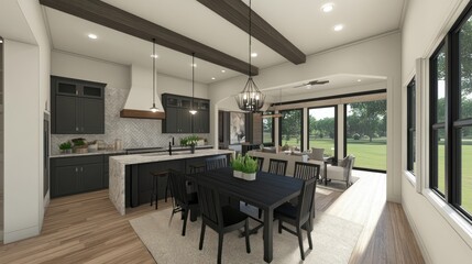 Fototapeta premium Open-plan kitchen and dining area with large windows.
