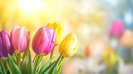 Vibrant tulips in pastel colors bathed in sunlight