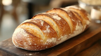 Freshly Baked Sourdough Bread on Wooden Board in Rustic Setting