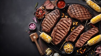 All-American backyard barbecue for Independence Day - smoking grill with marinated steaks and corn, dark background, horizontal banner, copy space, free space for text 