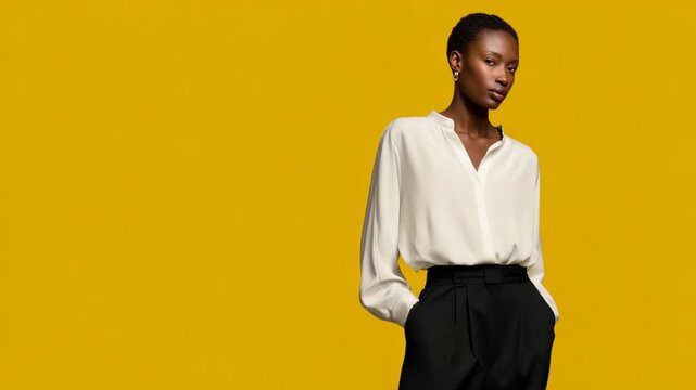 stylish portrait of model wearing classic trousers paired with bright summer blouses set against ultrabright solid
