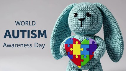 Cute crochet bunny holding puzzle heart celebrates world autism awareness day message - Powered by Adobe