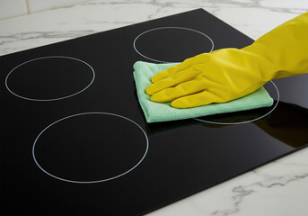 Hand with yellow glove cleaning a black glass cooktop surface