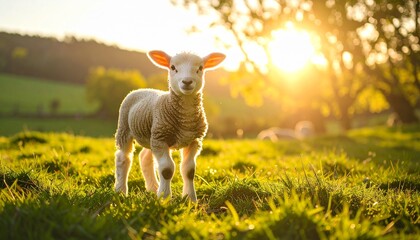 Cute Young Lamb Standing on Green Pasture in Soft Sunlight with Blurred Countryside Background