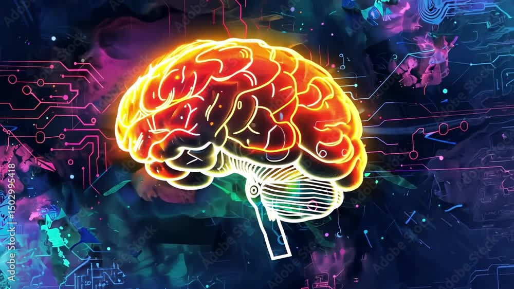 Poster vibrant digital animation of colorful brain overlaid on a dynamic circuit board background. concept 
