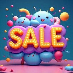 Fototapeta premium Colorful 3D animation featuring cheerful characters and a bright SALE sign, perfect for promotions, marketing campaigns, and festive advertisements.
