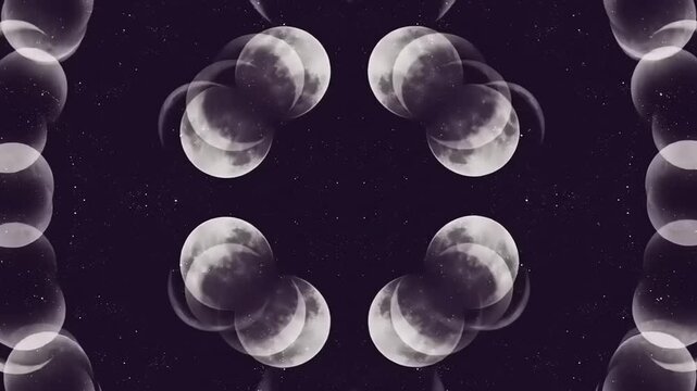 Abstract design featuring multiple moon phases in a symmetrical arrangement against a starry background